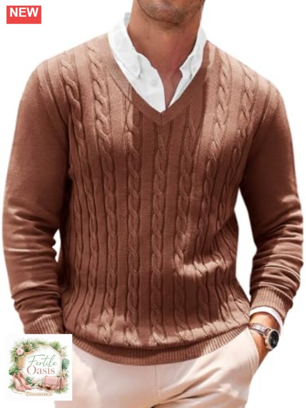 Men's Cable Knit V-Neck Long Sleeve Pullover Sweater